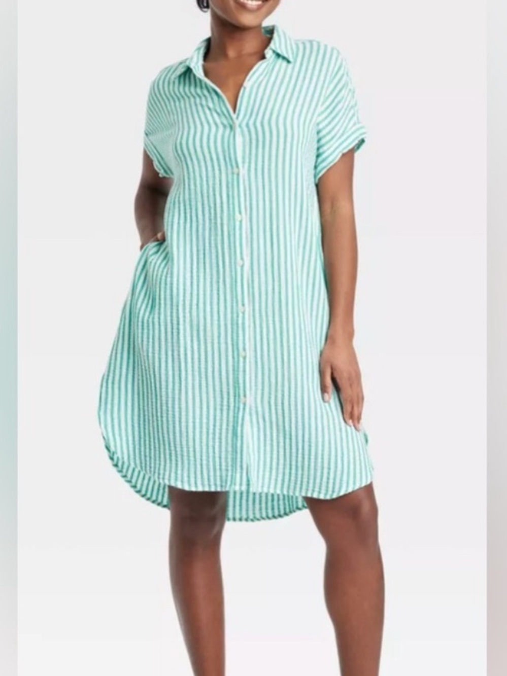 Universal Thread Green and White Striped Button-Down 100% Cotton Dress Size XL
